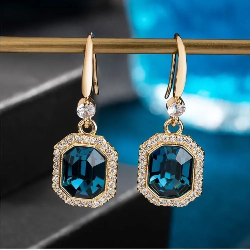 14K Yellow Gold with London Blue Topaz Austrian Crystal Octagon Halo Earrings
